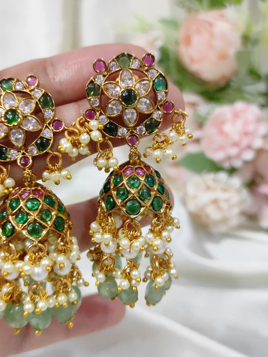 Classic Temple Style Jhumkas with Emerald Drops-Bridal