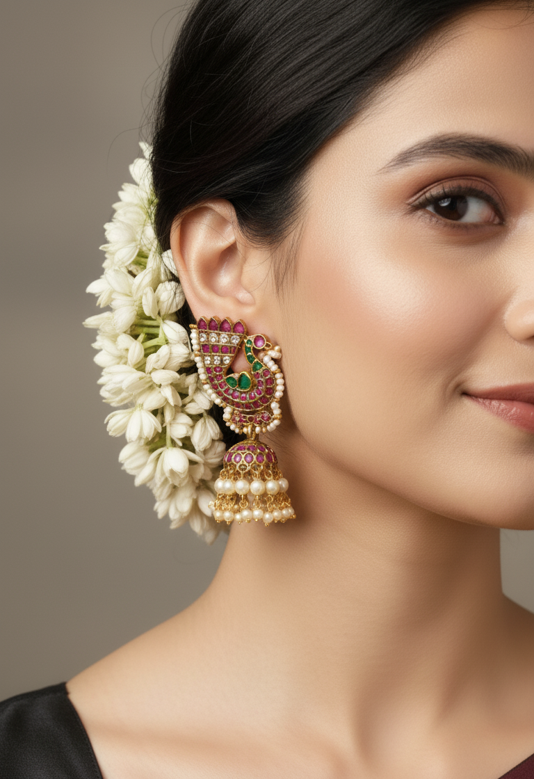 Designer Ruby Green Peacock Earrings with Pearl Clusters – Festive Collection