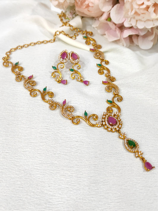 Green Pink gold plated Necklace set long locket