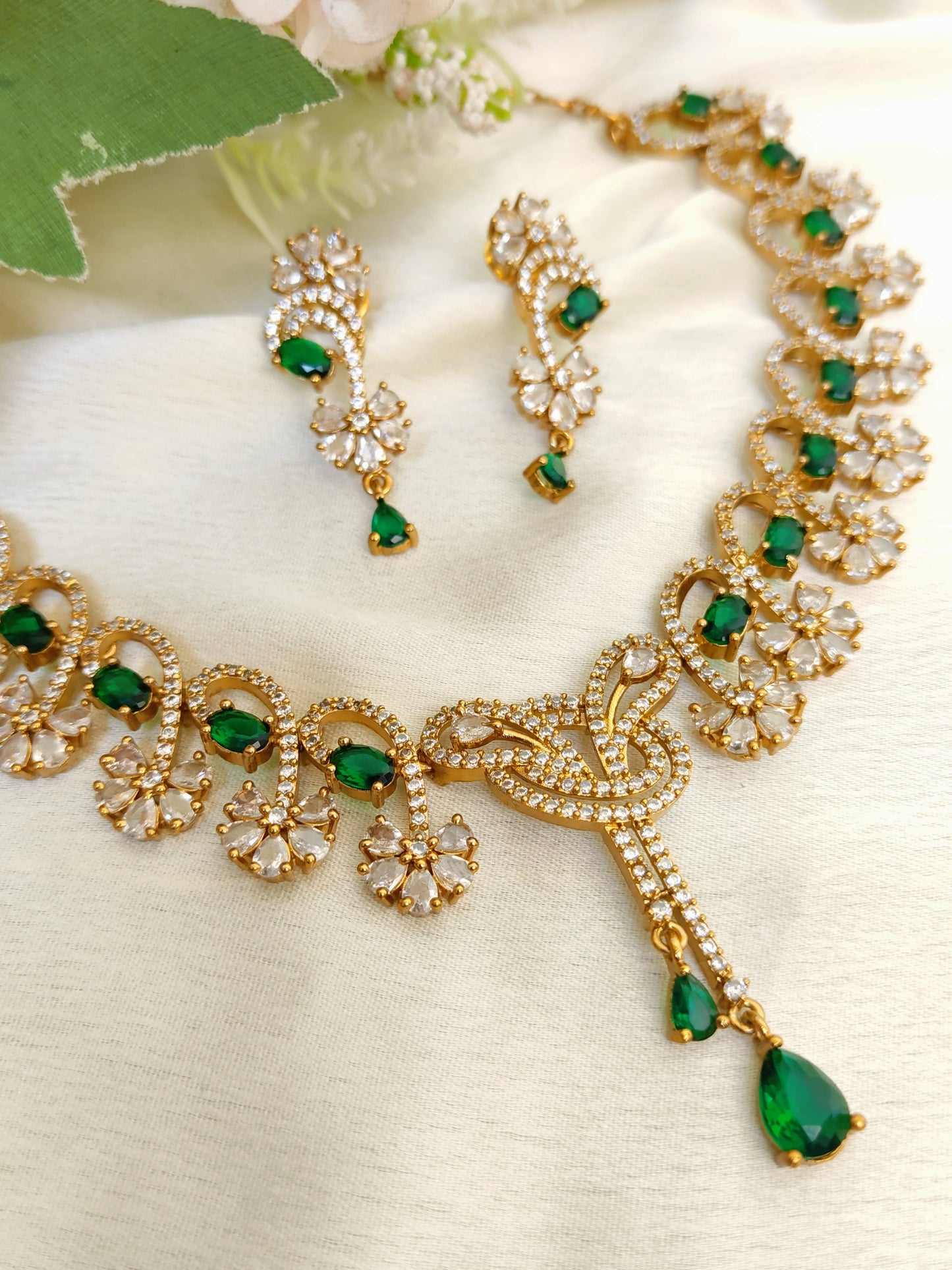 Premium Emerald Green Drop Necklace Set with Matching Earrings – Wedding Wear
