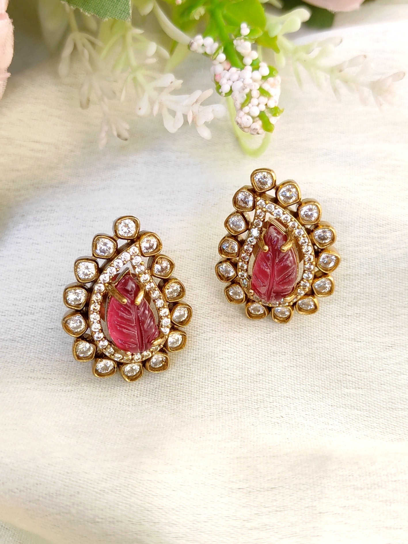 Ruby Leaf Carving Stud Earrings – Premium CZ Detailing