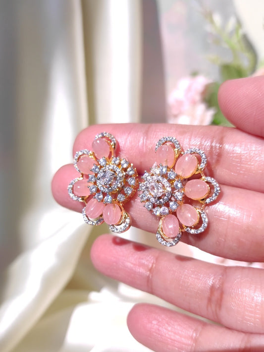 Blush Pink Crystal Bloom Stud Earrings | Premium One Gram Gold Polish | Festive & Daily Wear