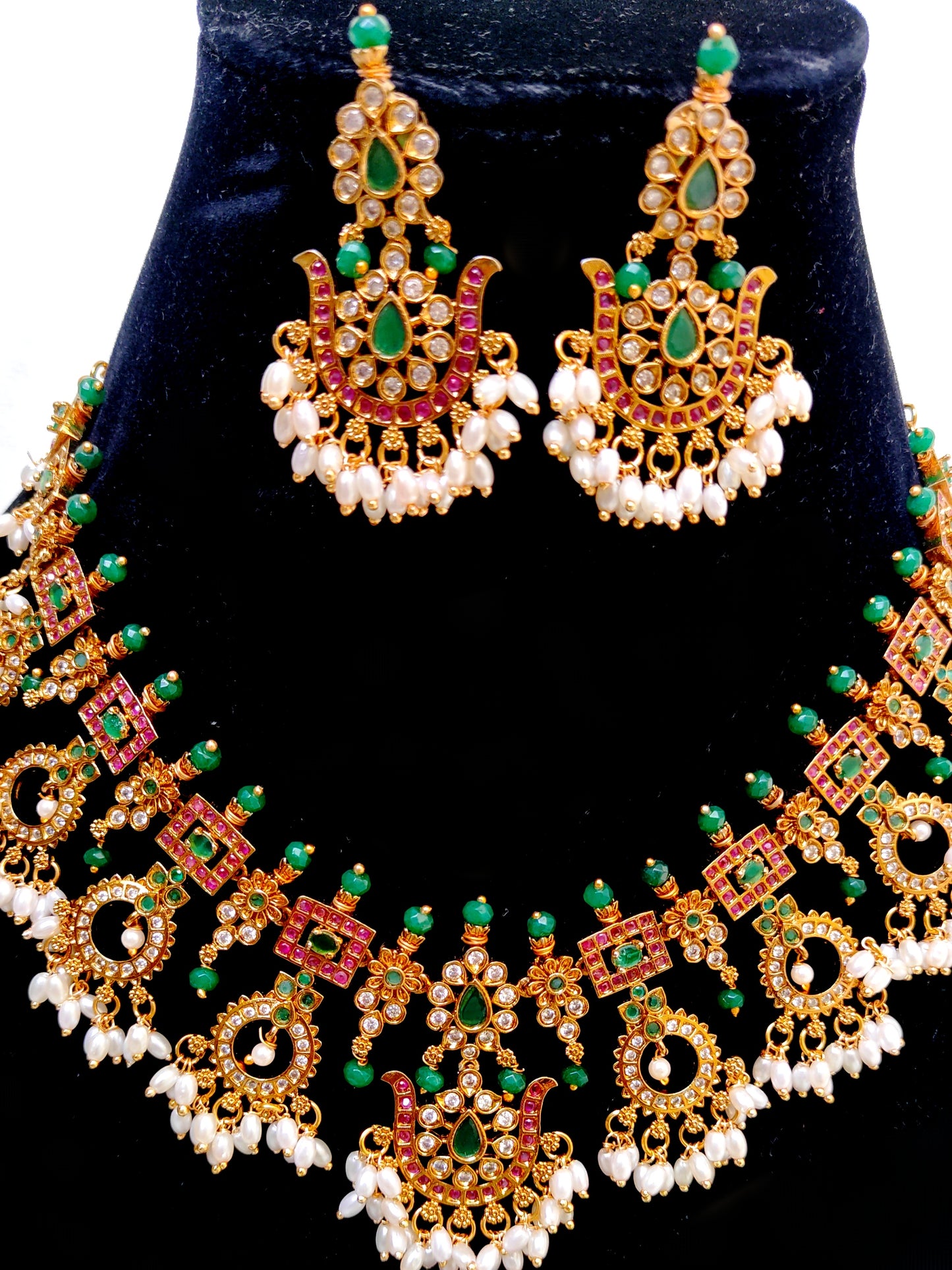 Premium Green Kemp Stone Temple Necklace Set with Pearls | South Indian Bridal Jewellery