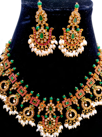 Premium Green Kemp Stone Temple Necklace Set with Pearls | South Indian Bridal Jewellery