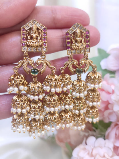 Lakshmi Motif Antique Gold Temple Jhumka Earrings with Pearl Drops