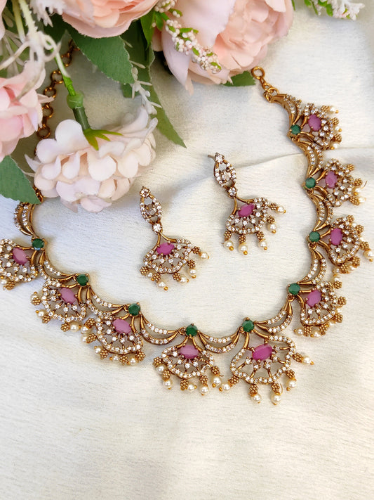 Designer Green & Pink Stone Necklace Set with Pearls | Wedding Jewellery