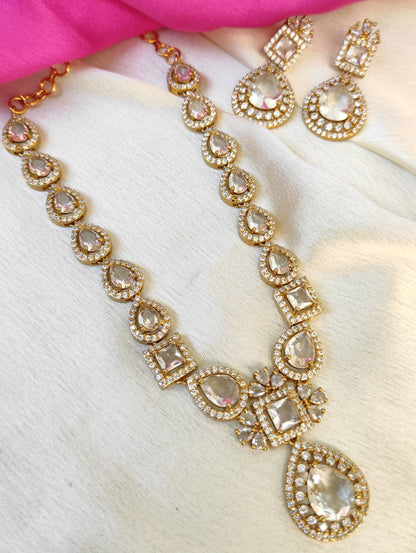 Gold Plated AD Stone Necklace Set with Earrings – Bridal & Party Wear Jewelry