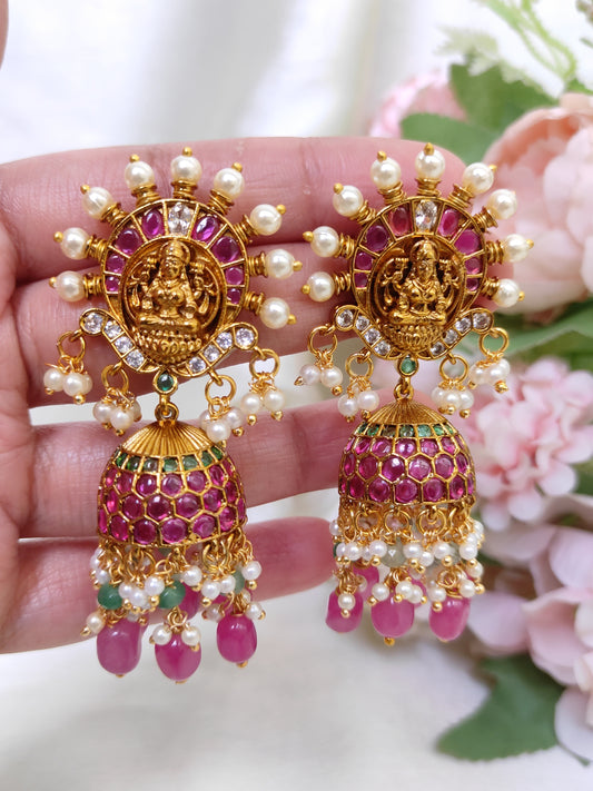 Lakshmi Temple Ruby Pink Jhumka Earrings with Pearls – South Indian Bridal Jewellery