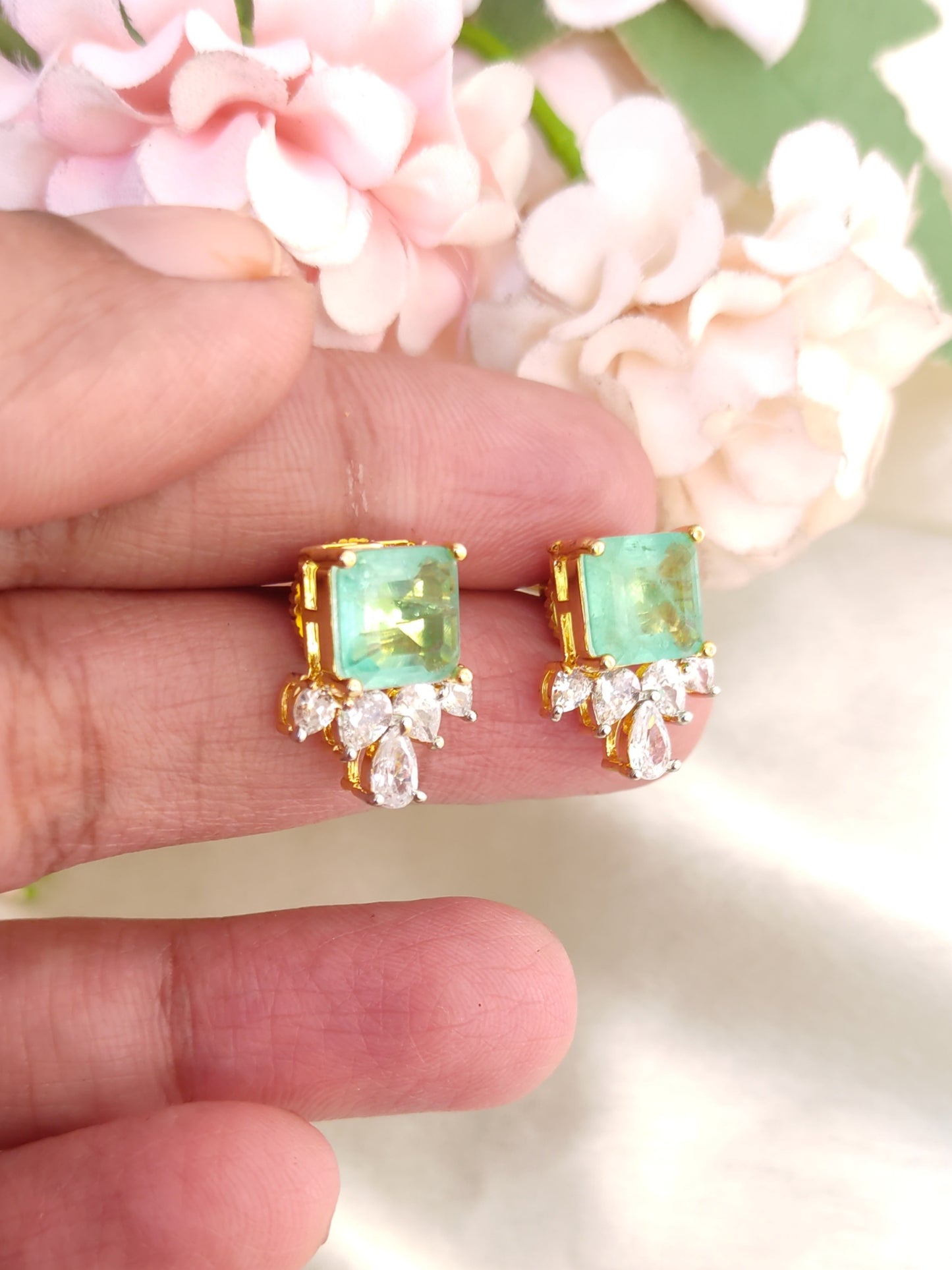 Green Stud Earrings with Crystal Drops | Gold-Plated Daily Wear Studs