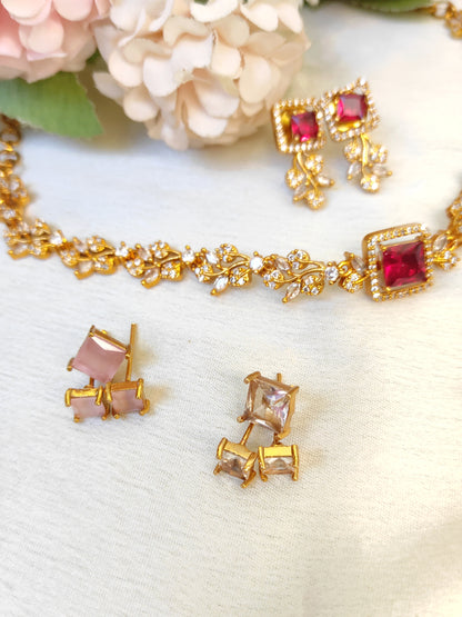 Colourful necklace with Interchangeable 5-Coloured cubic zirconia stones.( Red, Green, Mint, baby pink, white)