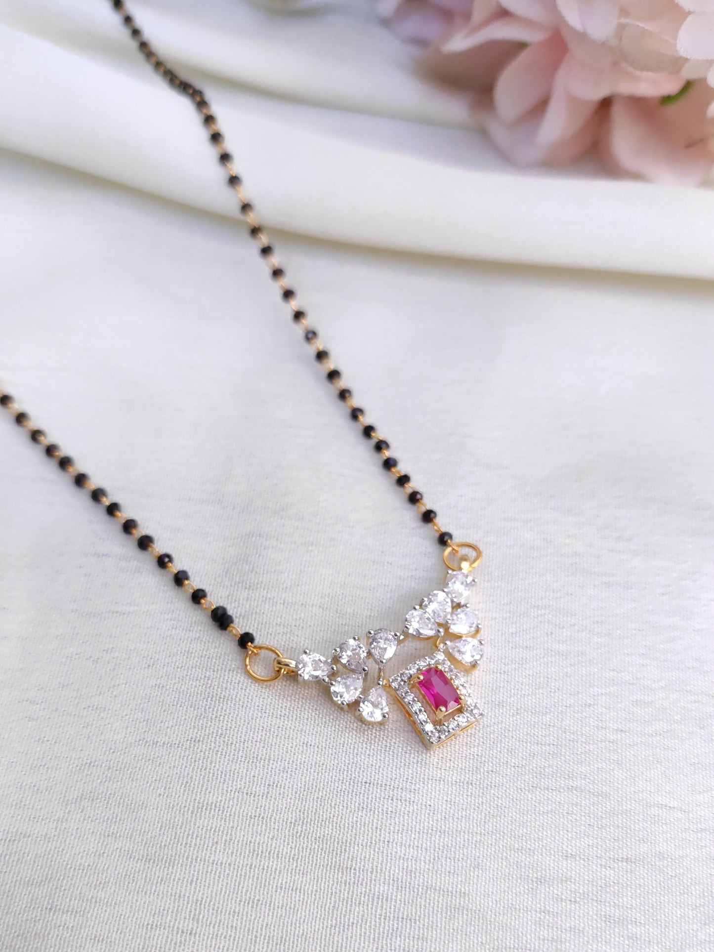 Ruby Rectangle AD Pendant Black Bead Chain – Modern Gold Finish Necklace