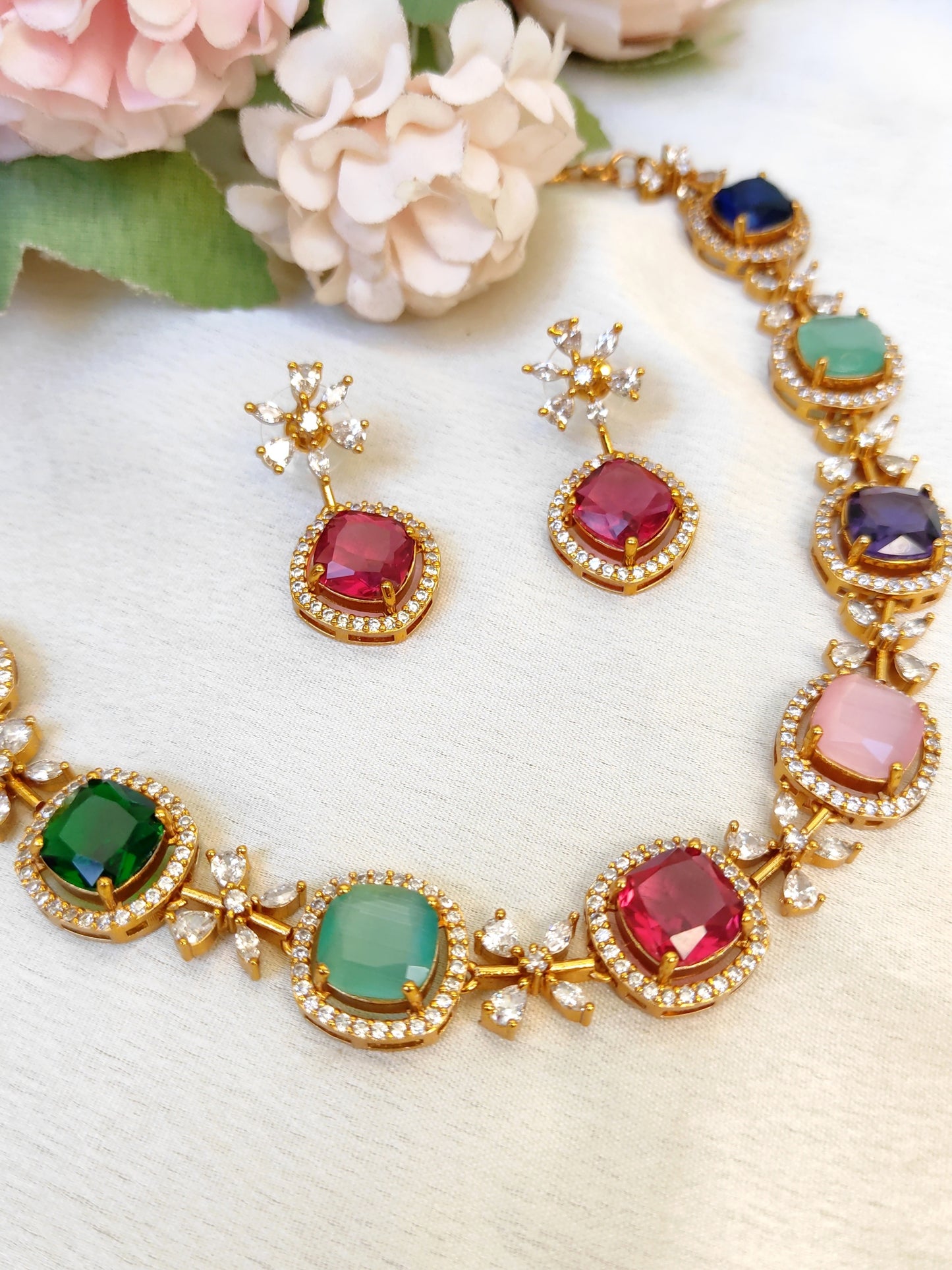 Premium Multicolor Gemstone Necklace Set | One Gram Gold Plated Jewellery