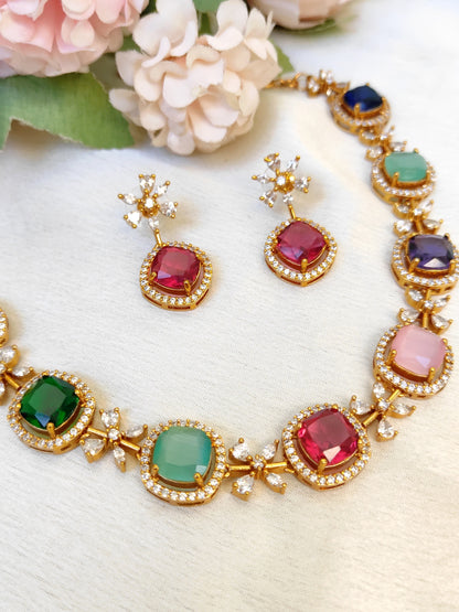 Premium Multicolor Gemstone Necklace Set | One Gram Gold Plated Jewellery
