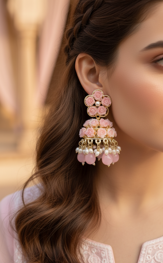 Peach Rose Floral Beaded Jhumkas – Vibrant & Handmade Look