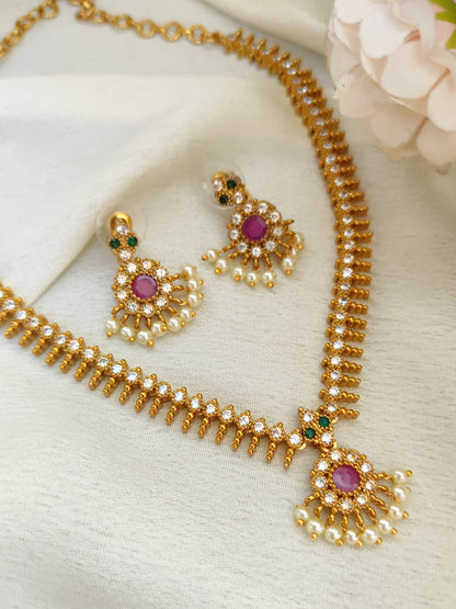 Traditional Ruby Stone One Gram Gold Necklace Set with Pearl Drops & Earrings