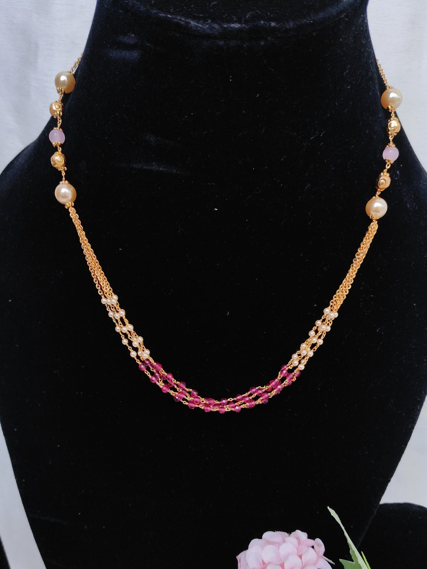 Ruby Beaded Multi-Strand Necklace for Women | Gold Chain Pearl Elegant Necklace