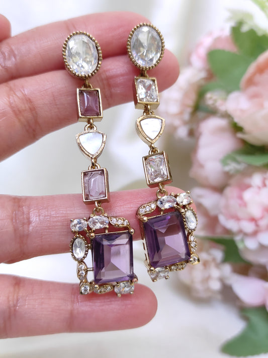 Lavender Stone Long Earrings with White CZ – Designer Festive & Party Wear Earrings