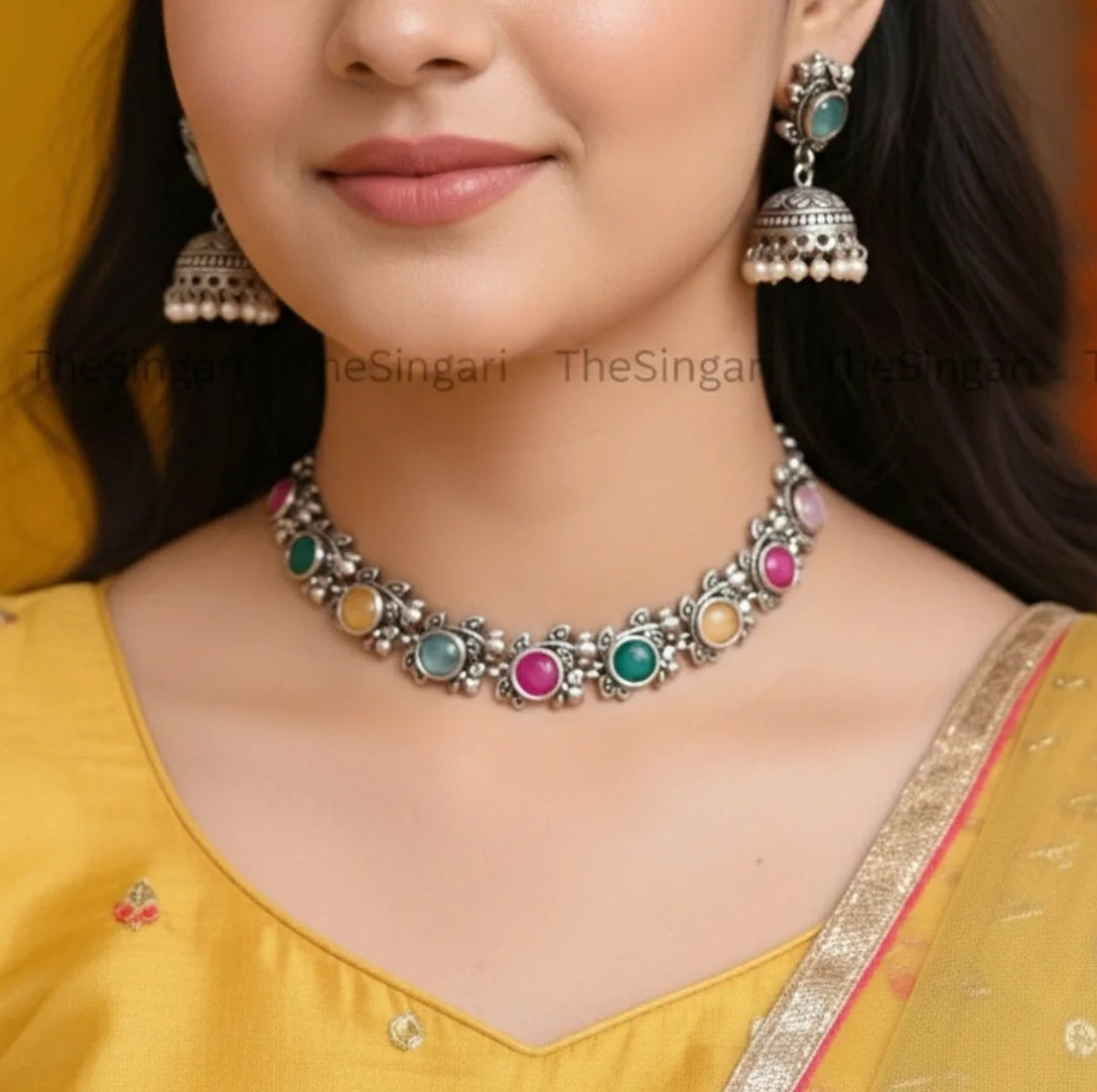 Ethnic Silver Plated Designer Necklace Set in Multicolour