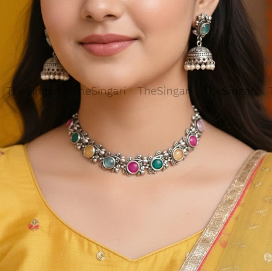 Ethnic Silver Plated Designer Necklace Set in Multicolour