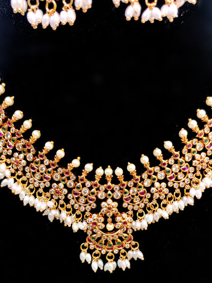 Pearl Drop Kemp Stone Bridal Necklace Set | Traditional South Indian Jewellery