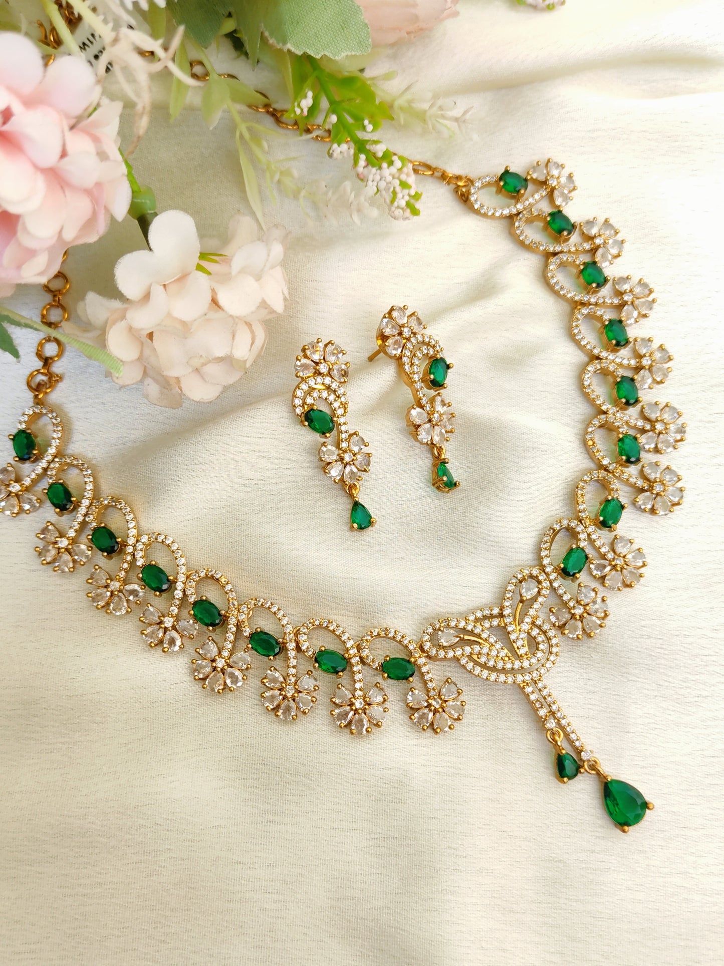 Premium Emerald Green Drop Necklace Set with Matching Earrings – Wedding Wear
