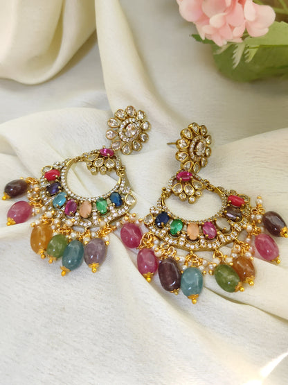 Multicolor Stone Chandbali Earrings with Pearl Drops – Festive Statement Earrings