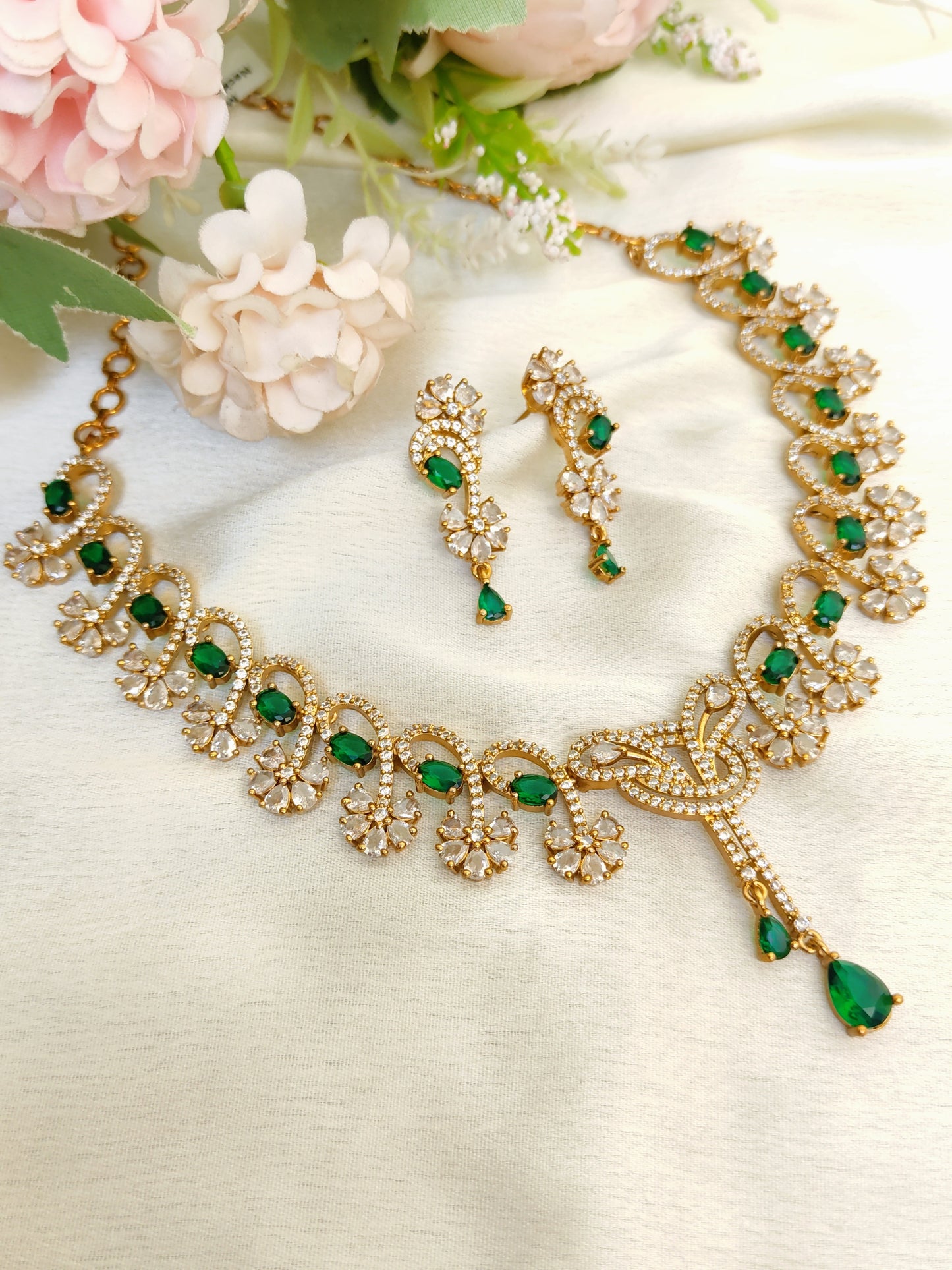 Premium Emerald Green Drop Necklace Set with Matching Earrings – Wedding Wear