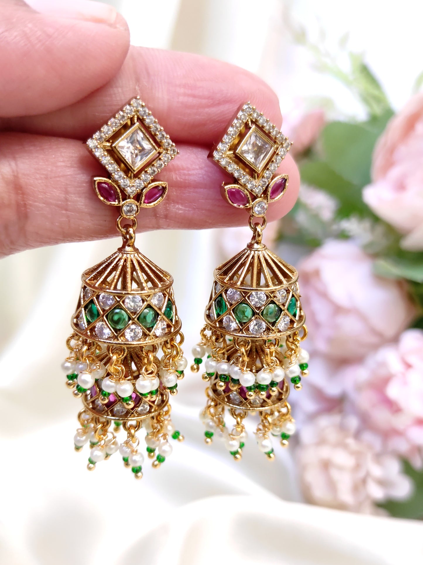Kundan AD Dual Layer Jhumka Earrings with Pearl Hangings