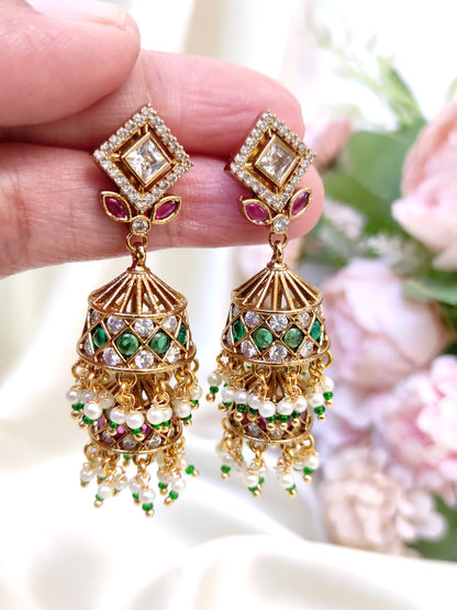 Kundan AD Dual Layer Jhumka Earrings with Pearl Hangings