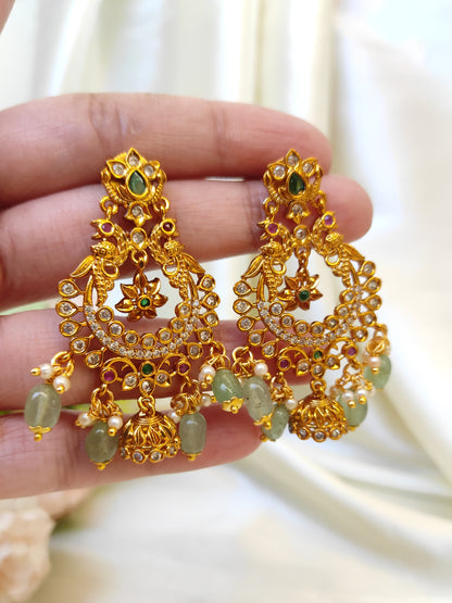 Traditional Antique Chandbali Earrings with Green Stones & Pearl Bead Hangings