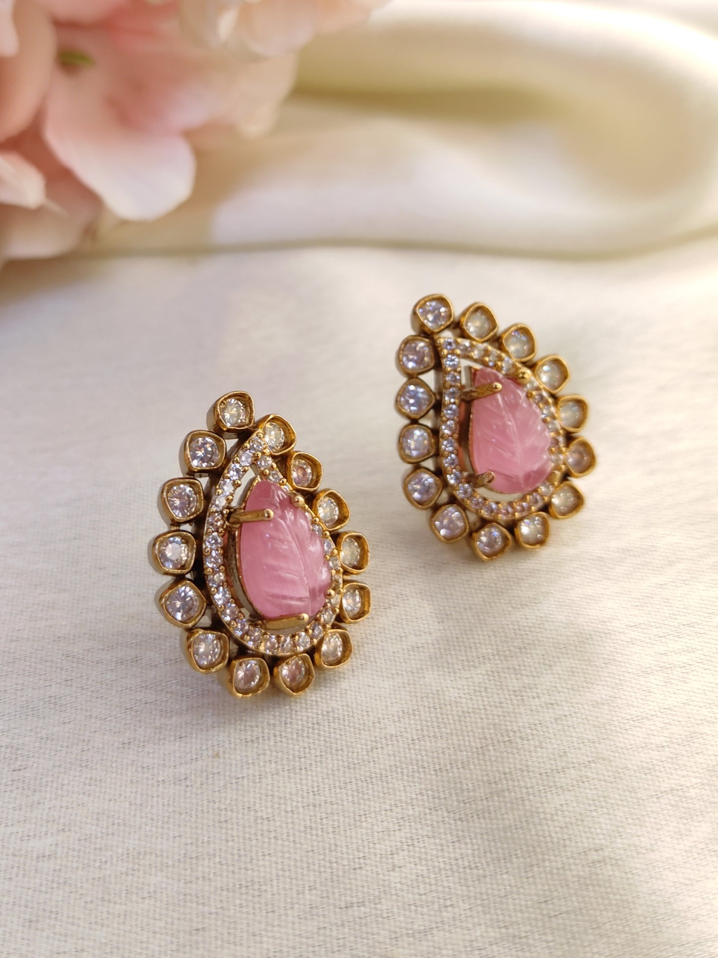Blush Pink Leaf Carving Stud Earrings – Premium CZ Detailing