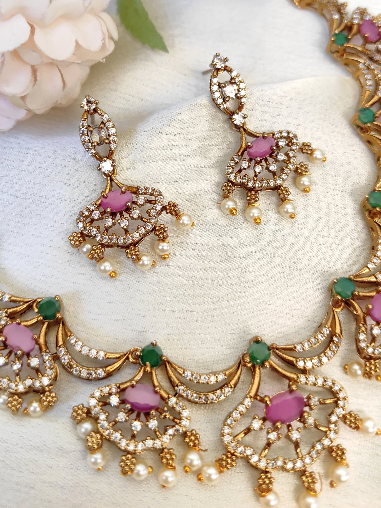 Designer Green & Pink Stone Necklace Set with Pearls | Wedding Jewellery