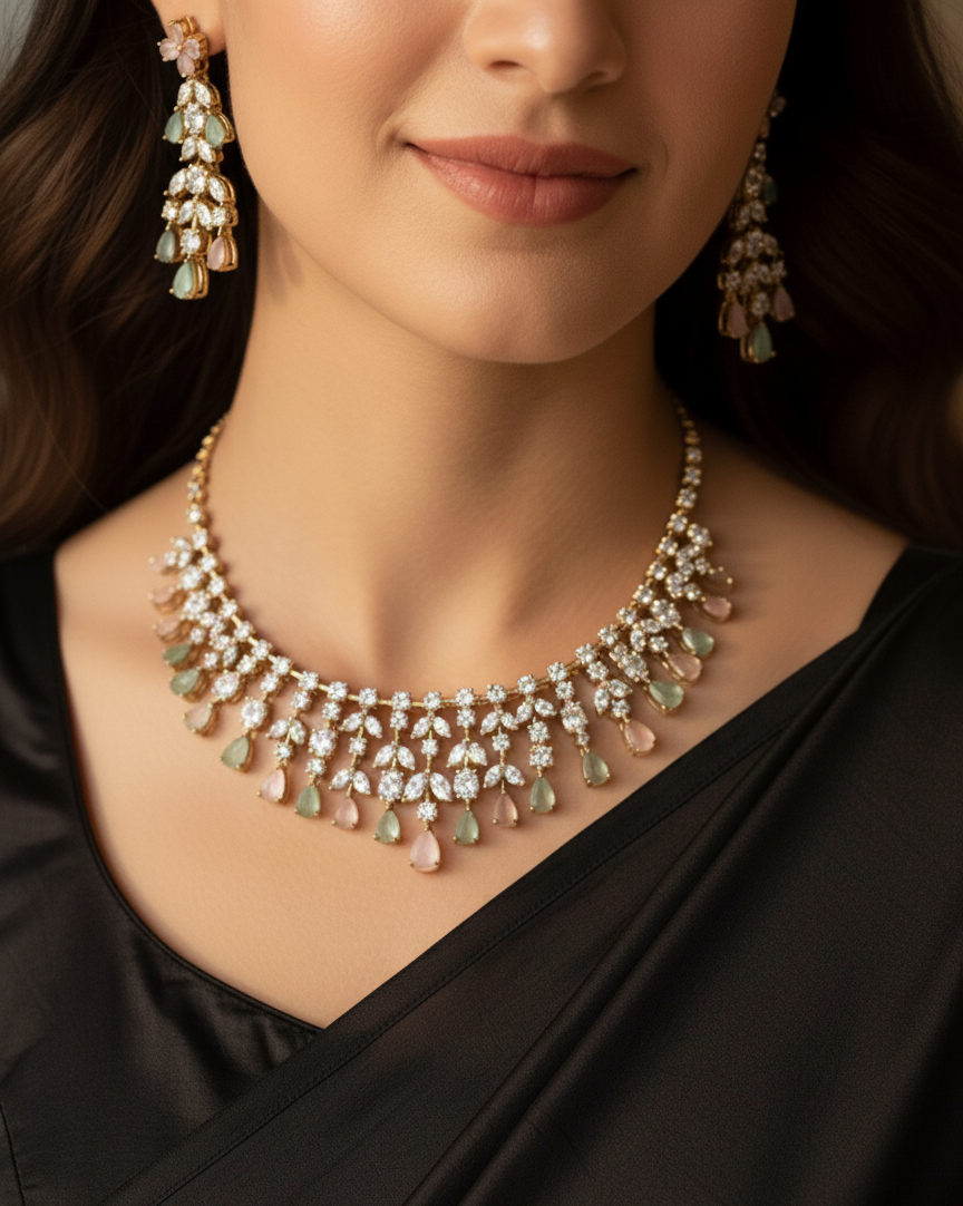 American Diamond necklace set in Baby pink & Pastel green