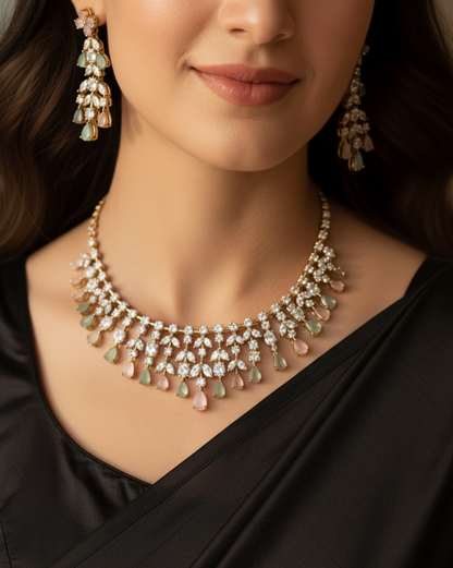 American Diamond necklace set in Baby pink & Pastel green