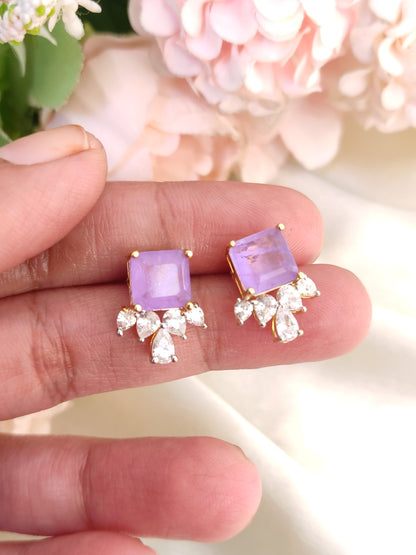 Lavender Stud Earrings with Crystal Drops | Gold-Plated Daily Wear Studs