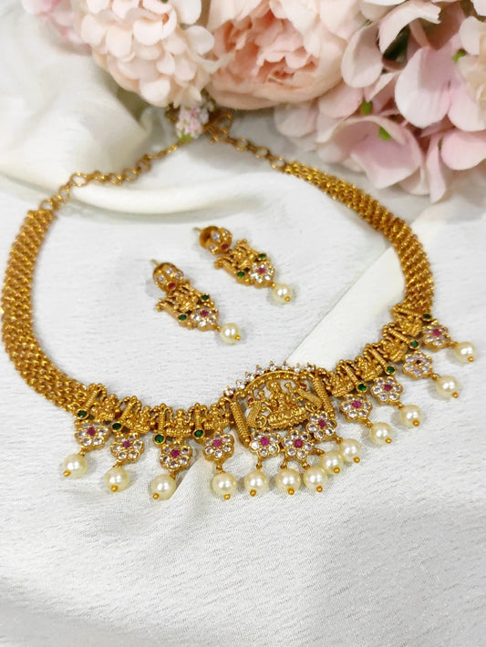 Lakshmi Motif Necklace Set with CZ Stones – Traditional South Indian Jewellery