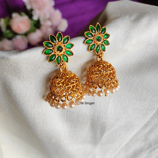 Temple wear jhumki earrings in Green