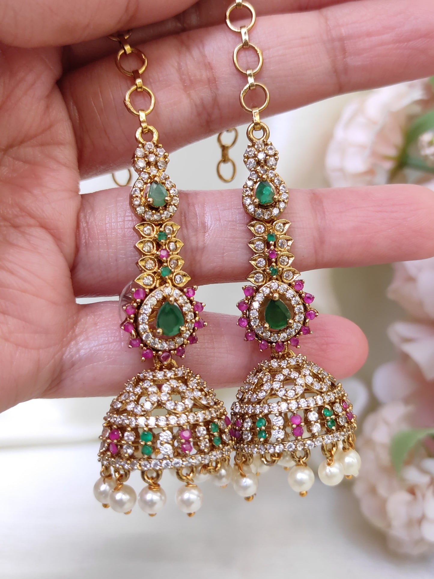 Traditional Emerald Green & Ruby CZ Long Jhumka Earrings with Pearl Drops