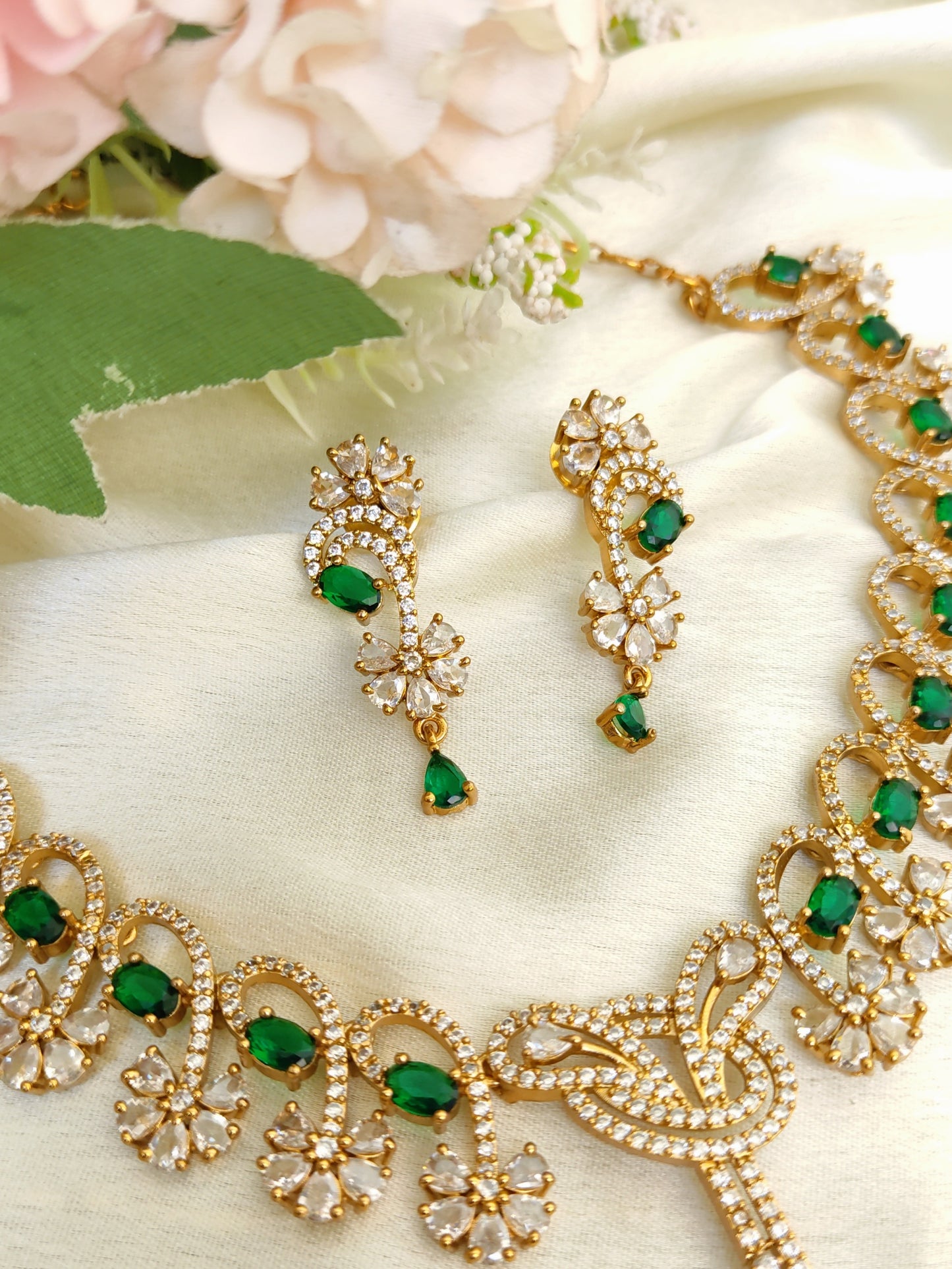 Premium Emerald Green Drop Necklace Set with Matching Earrings – Wedding Wear