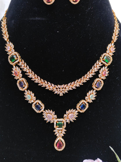 Multicolor Stone Layered Necklace Set – Premium One Gram Gold Finish Festive Wear Jewellery