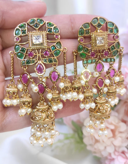 Antique Temple Jhumki Earrings with Ruby-Green Stones & Pearl Drops