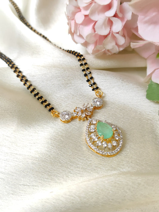 Designer Double Line Black Bead Mangalsutra with Mint green Pendant – Lightweight Traditional Mangalsutra Chain for Women