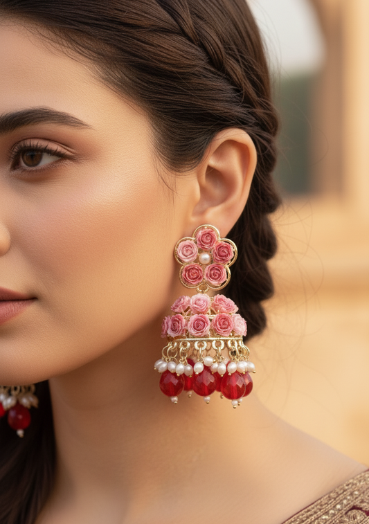Red Rose Floral Beaded Jhumkas – Vibrant & Handmade Look