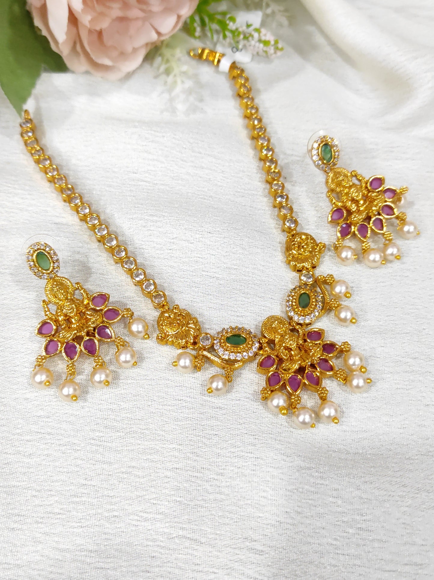Premium quality short necklace set with lakshmi devi motif