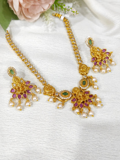 Premium quality short necklace set with lakshmi devi motif