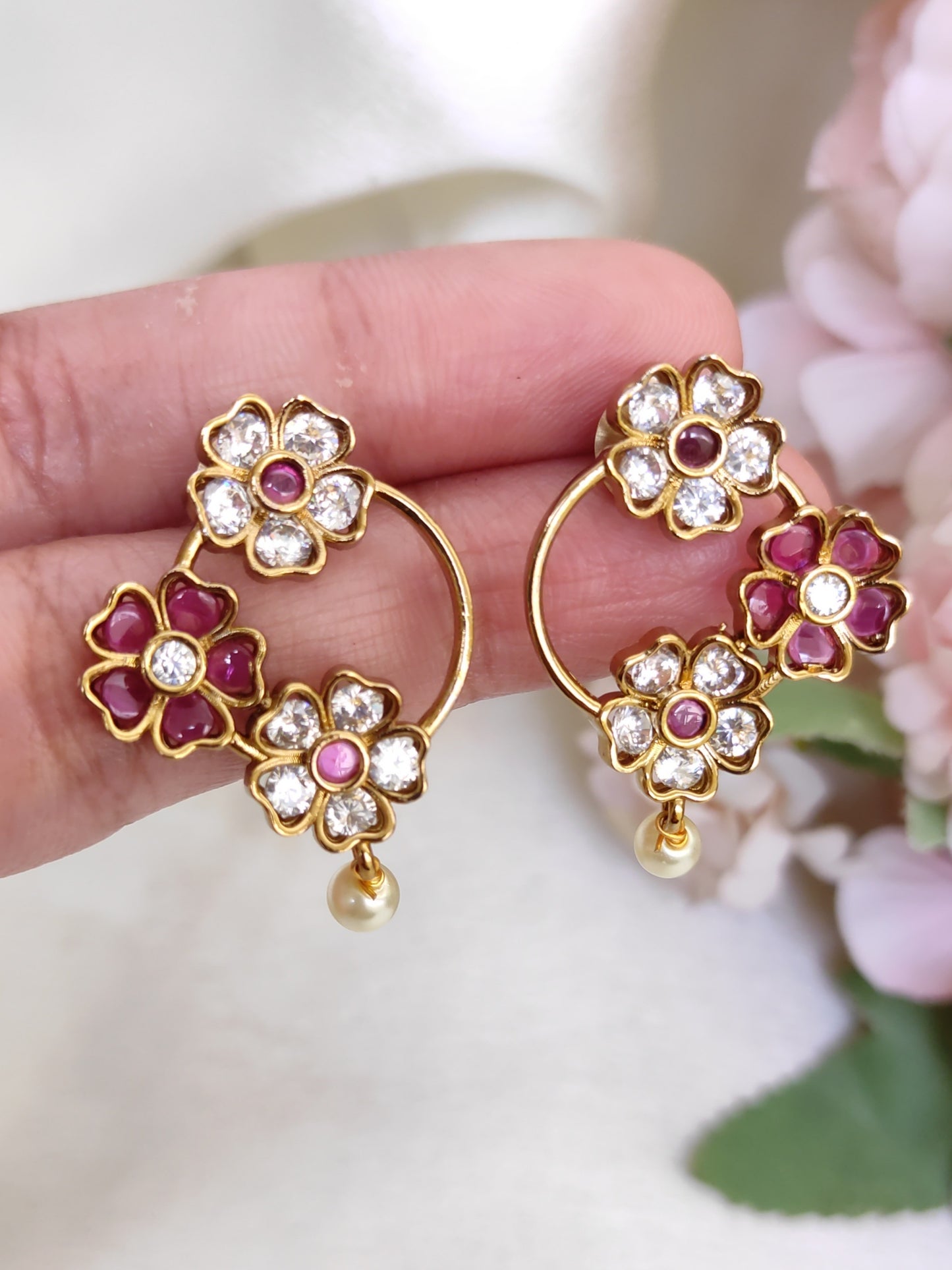 Floral Ruby & White CZ Circle Earrings with Pearl Drop – Lightweight Ethnic Studs
