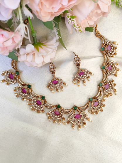 Designer Green & Pink Stone Necklace Set with Pearls | Wedding Jewellery