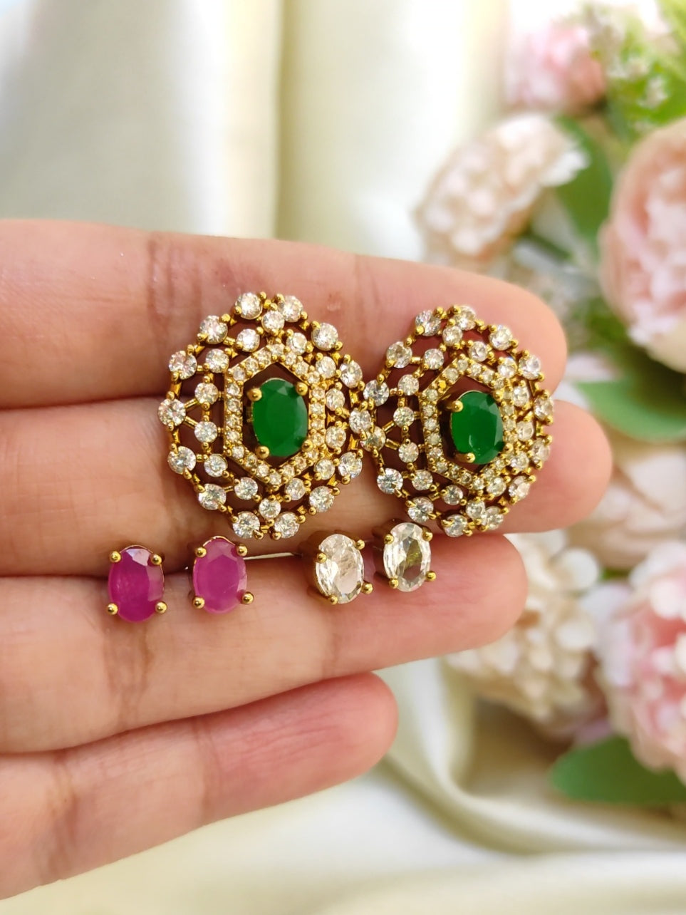 3-in-1 Colour Changeable Stone Stud Earrings – Gold Plated Crystal Daily Wear Studs