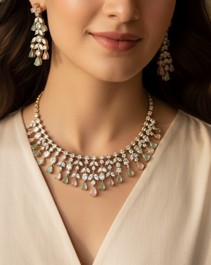 American Diamond necklace set in Baby pink & Pastel green