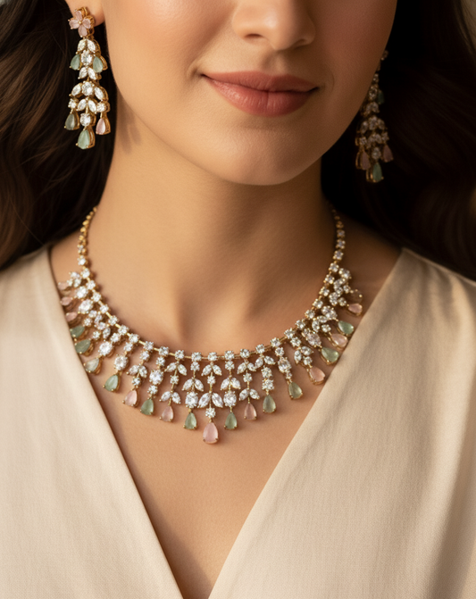 American Diamond necklace set in Baby pink & Pastel green